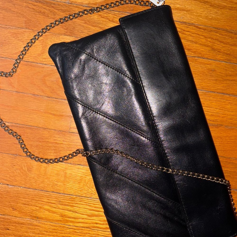 Vintage Black Genuine Leather Clutch with Chain